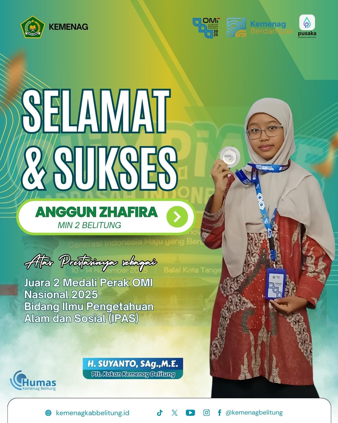 Selamat Anggun Zhafira Siswi Berprestasi dari MIN 2 Belitung atas pencapaian Juara II (Medali Perak)