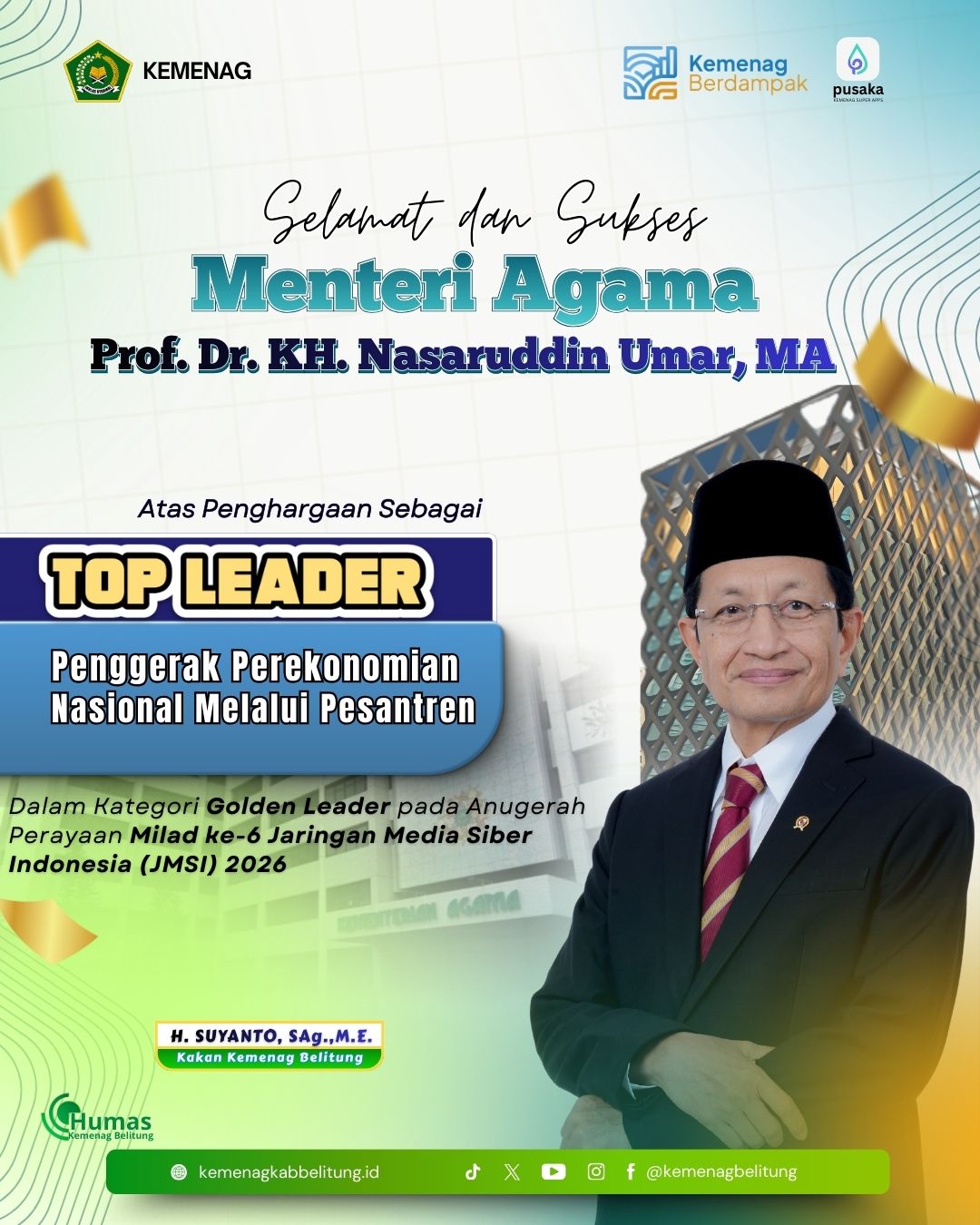 Menteri Agama RI atas penghargaan sebagai TOP Leader Penggerak Perekonomian Nasional