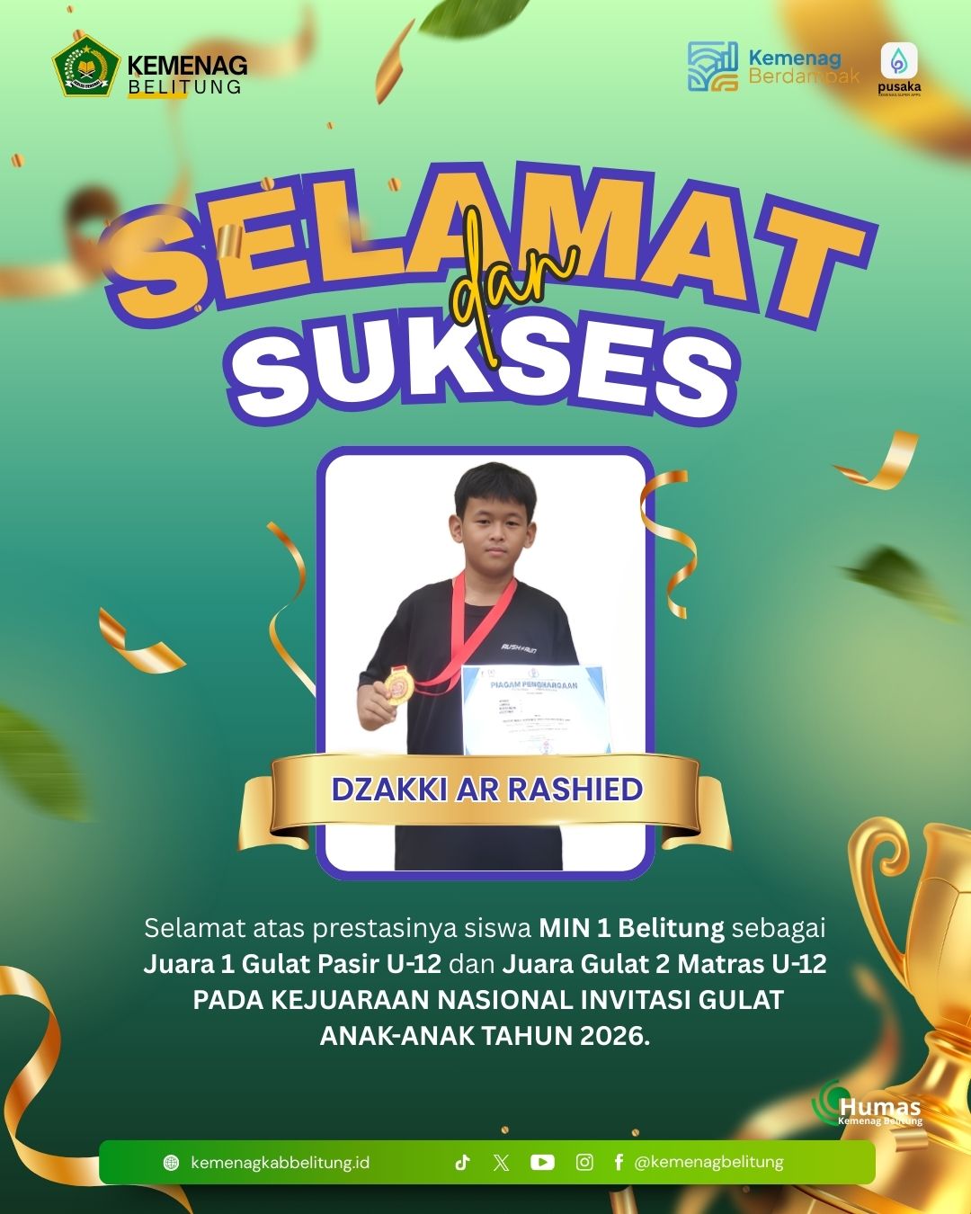 Prestasi yang di raihnya siswa MIN 1 Belitung sebagai Juara 1 Gulat Pasir U-12 dan Juara 2 Matras